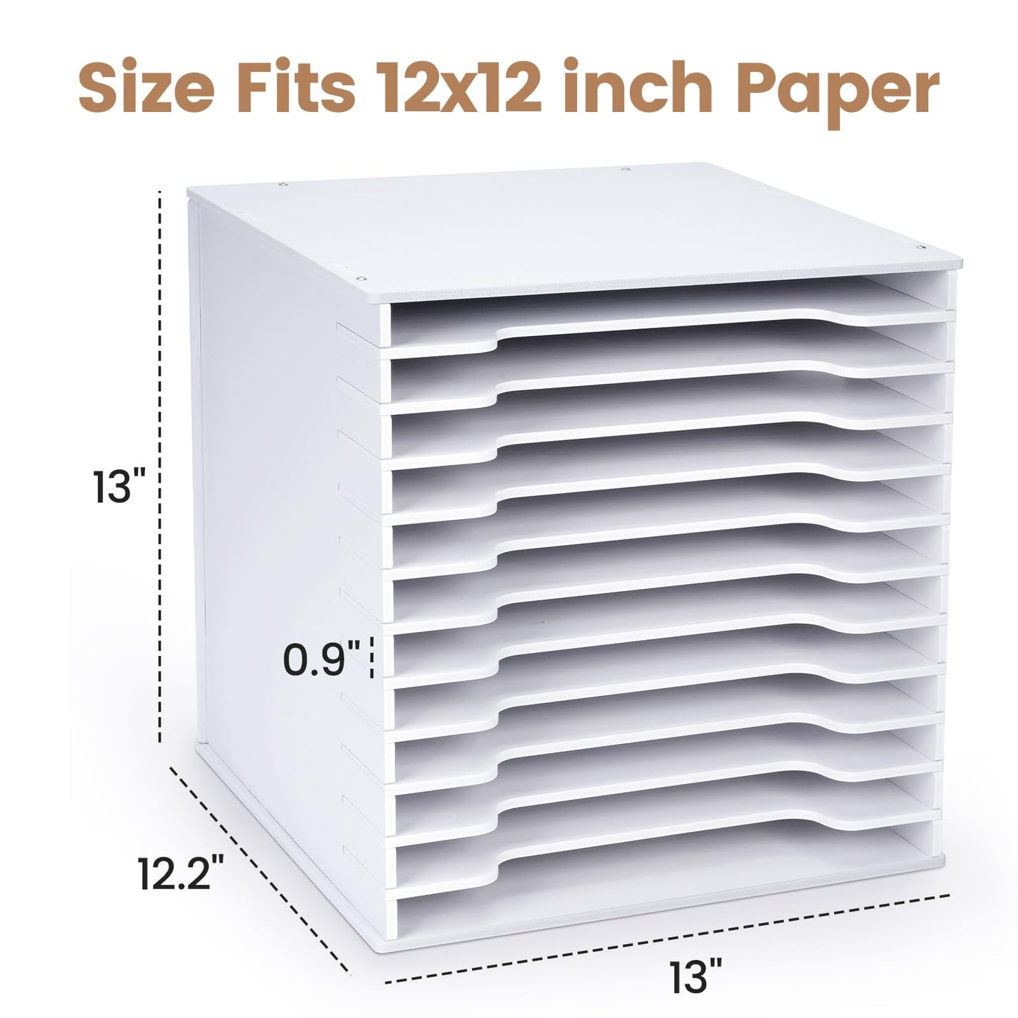 bimiti Scrapbook Paper Organizer - Adjustable 12-Slot Desktop Shelf, 12x12 Paper Storage Cube with Letter Tray for Home Office - White