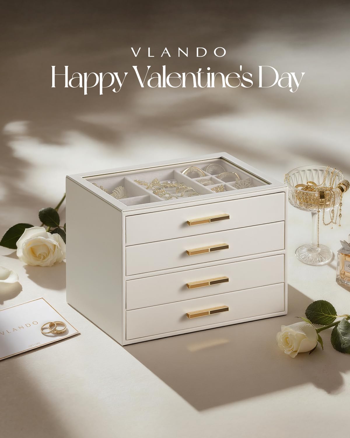 Vlando Jewelry Box with Glass Lid,Jewelry Organizer with 4 Drawers,4-Layer Jewelry Box for Women Girls,Gift for Loved Ones,Beige