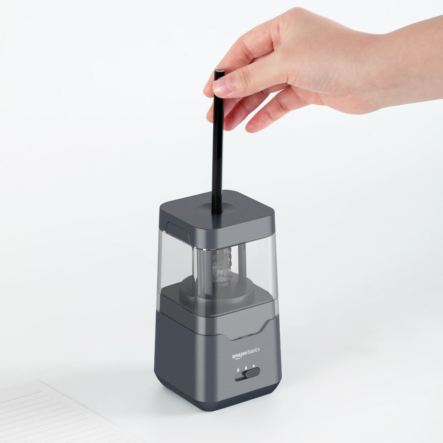 Amazon Basics Portable Electric Pencil Sharpener, Helical Blade, Auto Stop, Battery/USB Cord Operated, Black, 2.87 x 2.87 x 5.3 in