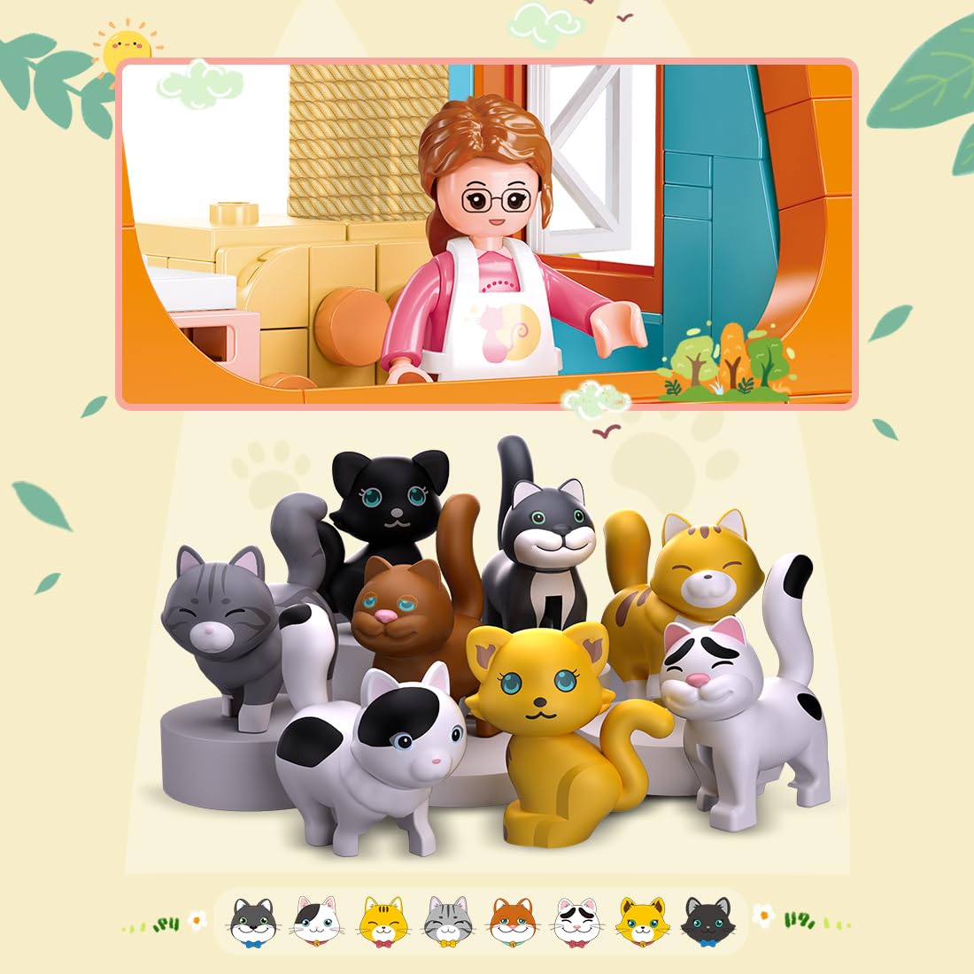 Cat House Building Set, Animal Playground Crossing Toy with 8 Cats and a Doll Minifigures Compatible with Lego Friends Pet Sets - Thanksgiving Christmas Birthday Gift for Girls Boys Aged 6-12