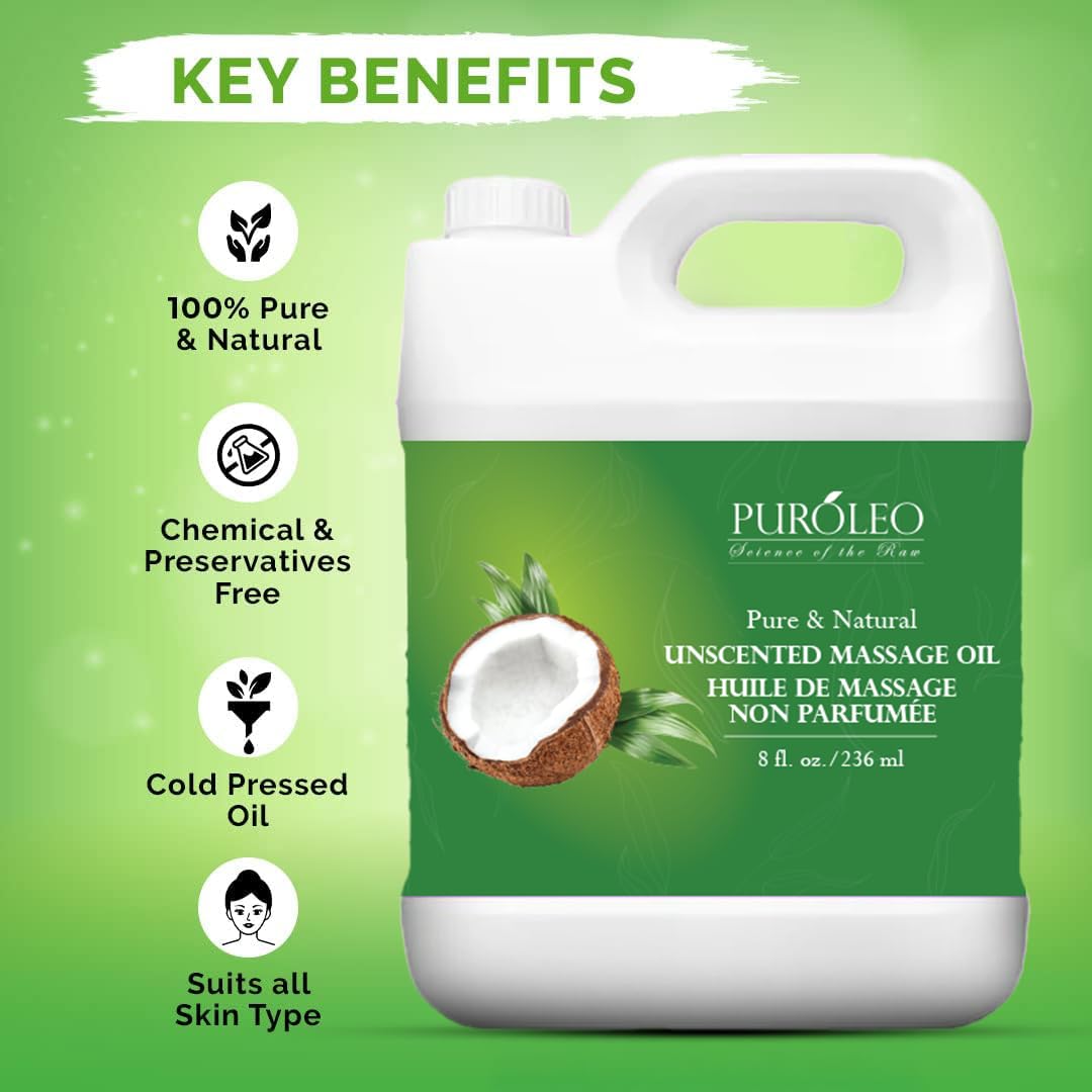 PUROLEO All-Natural Massage Oil – Unscented, 32 Fl Oz/946 mL – With Coconut, Almond & Jojoba Oils – For Hair, Body & Face – Nourishing, Relaxing & Ideal for Massage Therapy – Made in Canada