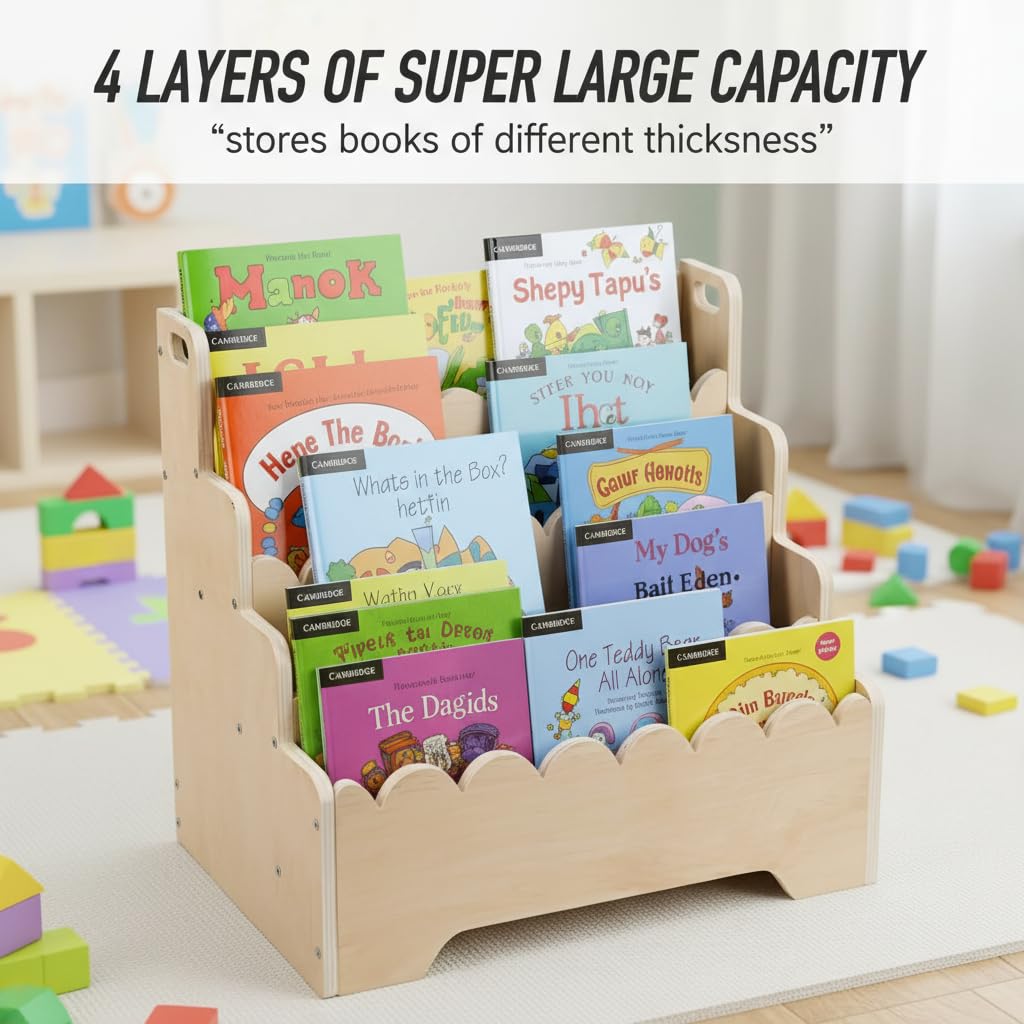 Wooden Tiered Montessori Kids Bookshelf & Portable Baby Book Organizer β Front-Facing 4-Tier Display Shelf with Scalloped Edge β Natural Wood Small Children Book Case for Nursery & Toddler Playroom