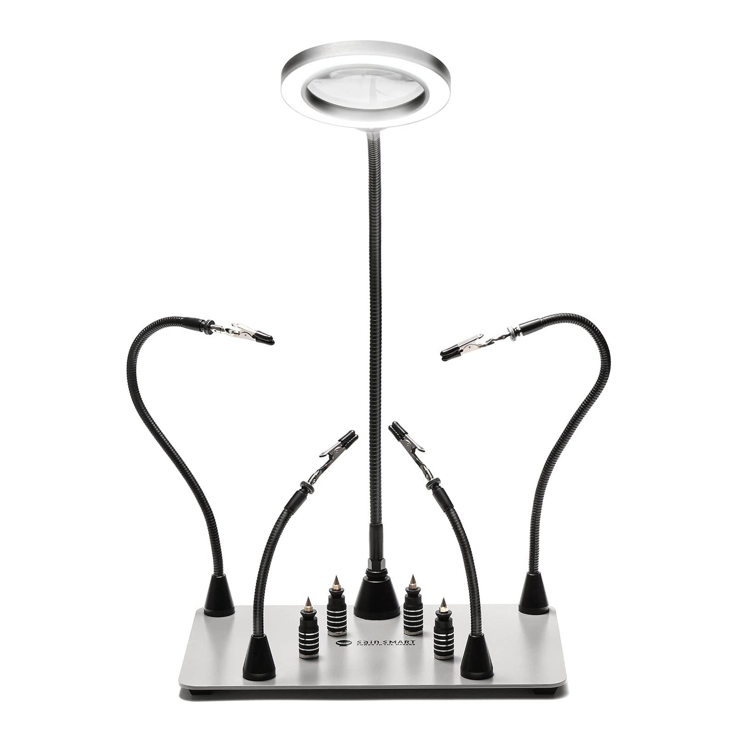 SainSmart Magnetic Helping Hands Soldering Station with an 11.1 x 7.1 Inch Larger Base, 5X LED Magnifying Lamp, 4 PCB Circuit Board Holder & 4 Flexible Magnetic Helping Hands