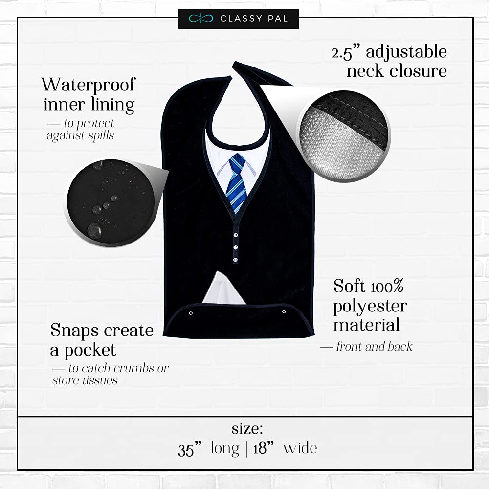 Classy Pal | Adult Bib for Men with Embroidered Design. Waterproof Reusable & Washable | 2 Pack (Blue Tie + Tuxedo)