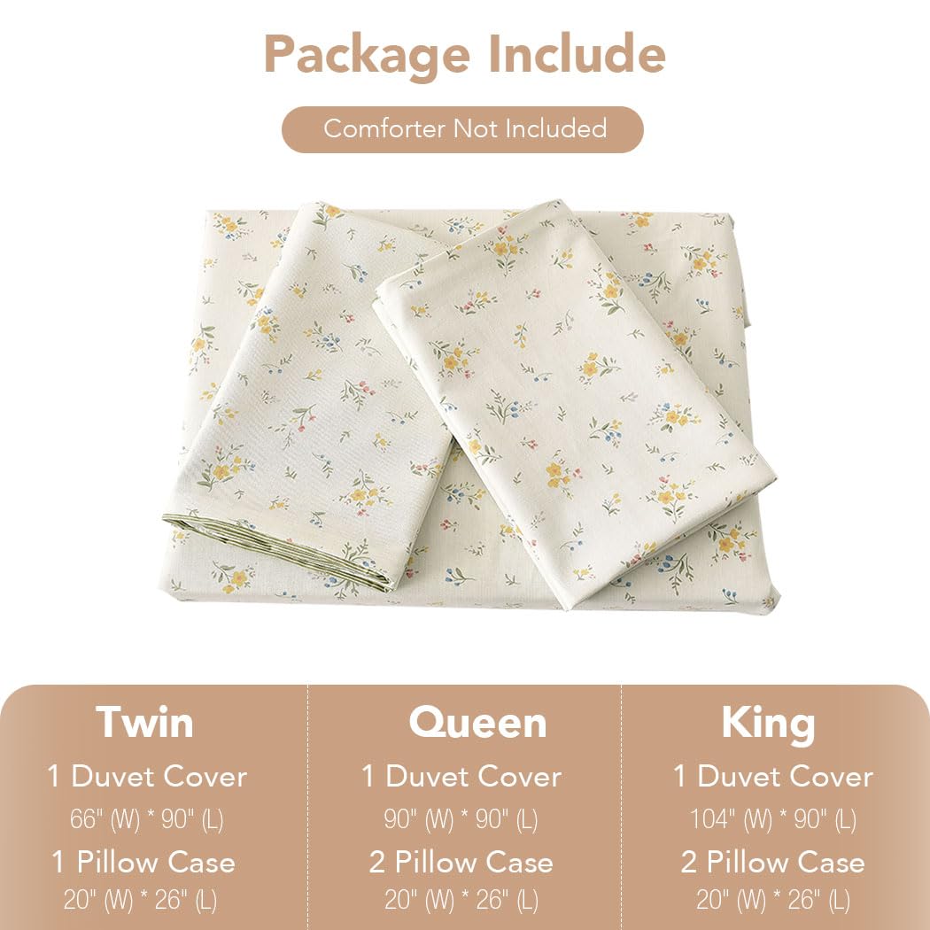 Conworld 100% Washed Cotton Duvet Cover Queen, Ultra Soft Breathable Floral Queen Duvet Cover Bedding Sets with Zipper Closure & Corner Ties, Green