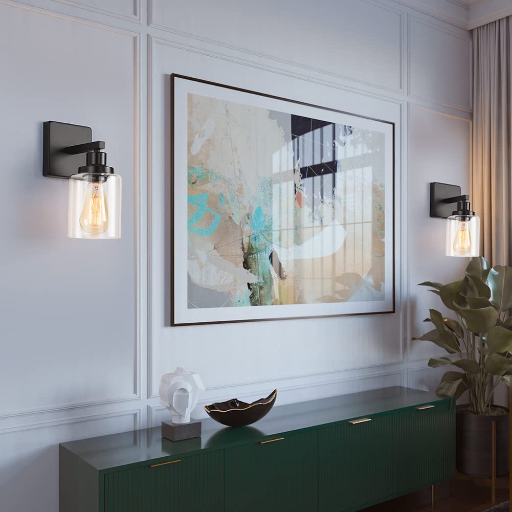 Matte Black Vanity Lights for Bathroom, Wall Sconces Set of Two, Modern Wall Light Fixtures, Metal Sconces Wall Lighting with Clear Glass Shade, Farmhouse Wall Lamp