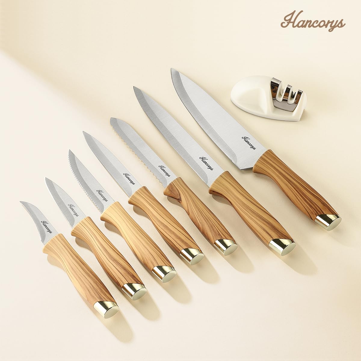 Hancorys Knife Set, 14 Pieces Kitchen Knives Set with Block and Gift Sharpener, High Carbon Stainless Steel and Ergonomic Handle Knife Block Set