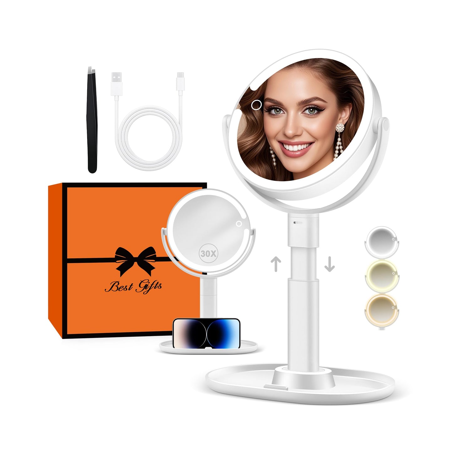B Beauty Planet Makeup Mirror with Lights, Lighted Magnifying Mirror 30X with 3 Lighting and Adjustable Brightness, 2-Sided Height Adjustable Vanity Mirror for Bathroom, for Women