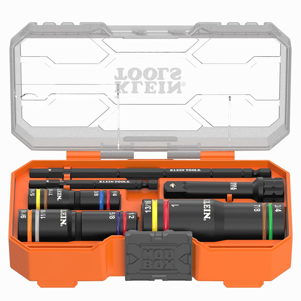 Klein Tools 653QS KNECT Quad Socket, 12 Sizes in 3 Sockets, 4-in-1 Color Coded SAE Impact Rated, Deep-Well Heavy-Duty, 1/4- and 3/8-Inch Drive, 3-1/2- and 6-1/2-Inch Shaft