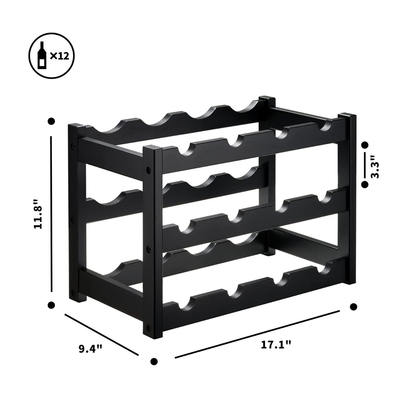 VASMIA Bamboo Wine Rack, Sturdy and Durable Wine Storage Cabinet Shelf, Wine Racks Countertop for Pantry,Kitchen,3-Tier 12 Bottles Wine Rack,Black