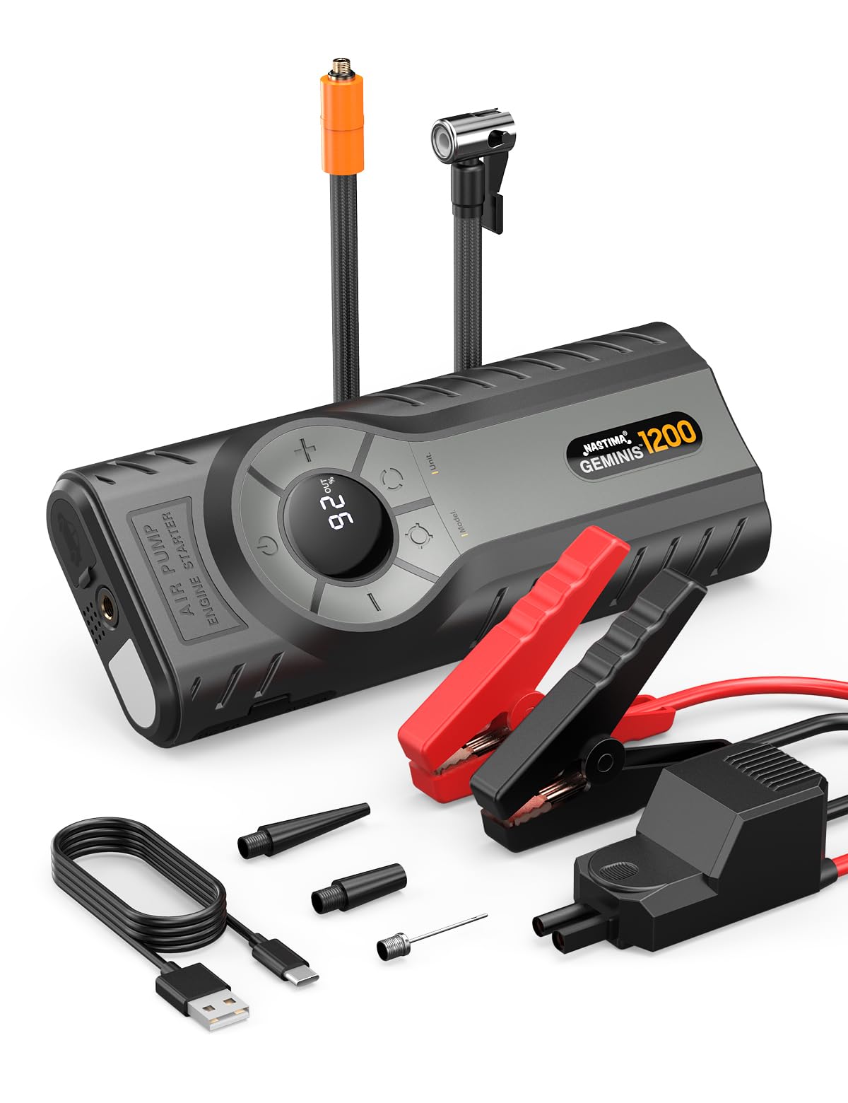 NASTIMA Jump Starter with Air Compressor, 4-in-1 Jump Starter Power Bank, Car Battery Booster with Portable Tire Inflator, 12000mAh Power Pack with Digtal Display,Emergency Light