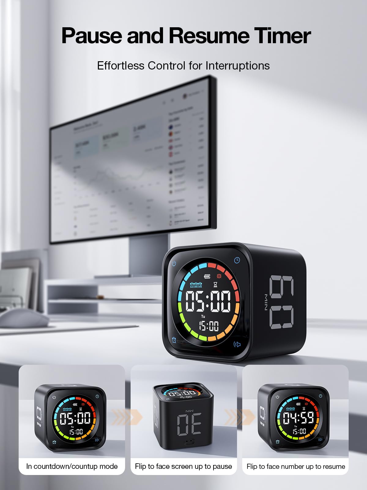 Ticktime TK3 Pomodoro Timer Cube, Desk Productivity Timer with 5/10/30/60 Min Presets, Custom Countdown, Stopwatch, Clock, 3 Alarm, Silent, Vibrate & Sound Alert, for Task, ADHD, Study, Kitchen, Black