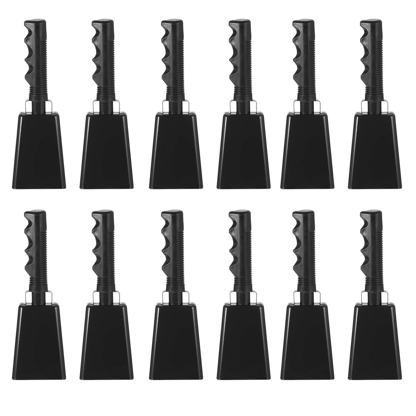 PATIKIL 9inch Cow Bells for Football Games, 12pcs Cowbells for Sporting Events Bulk Loud Noise Makers Metal Cow Bell with Handle for Cheering Competition Marathon Wedding DIY Paint, Black