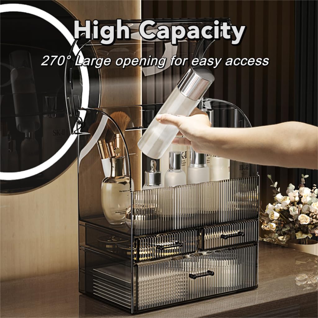 Makeup Storage Organizer, X-Large Acrylic Cosmetics Organizer Skincare Display Case with Drawers, Perfume Makeup Organizer Box with Waterproof Cover for Countertop, Bathroom, Dresser(Black-XL)