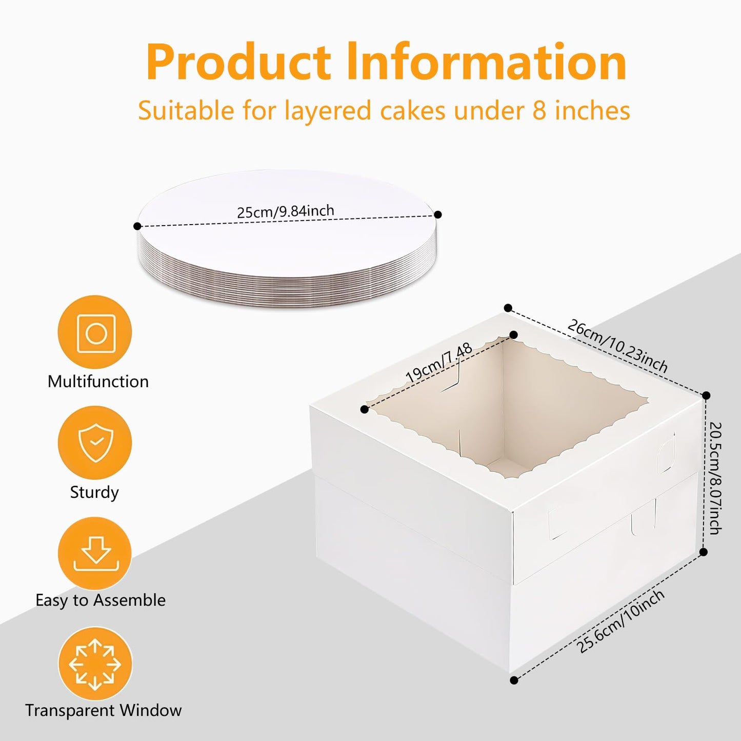 40 Pcs 10x10x8 Inch Cake Boxes with Cake Boards Set (20 Boxes and 20 Boards) White Tall Bakery Boxes Disposable Cake Storage Container Baking Boxes with Window for Tier Cakes Pie Pastry