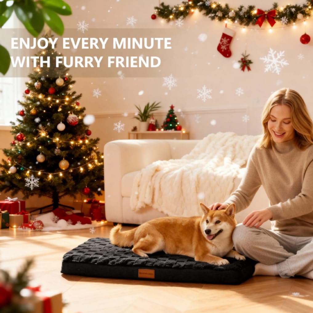 Patas Lague Orthopedic Dog Bed Large Sized Dog 91x61cm, Waterproof Soft Comfortable Egg Crate Foam Large Pet Beds Crate Mat with Removable Washable Cover and Nonskid Bottom, Black