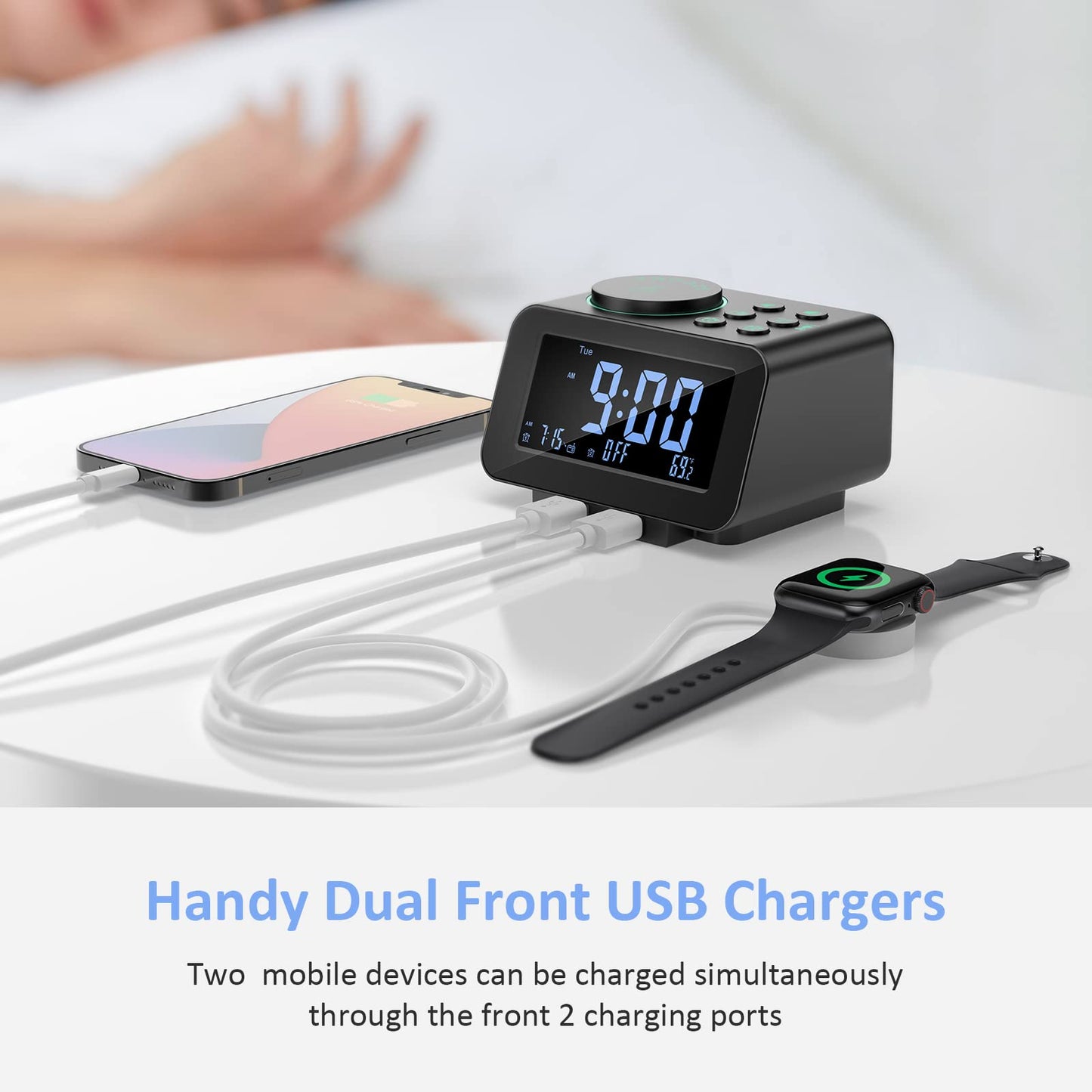 USCCE Digital Alarm Clock Radio - 0-100% Dimmer, Dual Alarm with Weekday/Weekend Mode, 6 Sounds Adjustable Volume, FM Radio w/ Sleep Timer, Snooze, 2 USB Charging Ports, Thermometer, Battery Backup