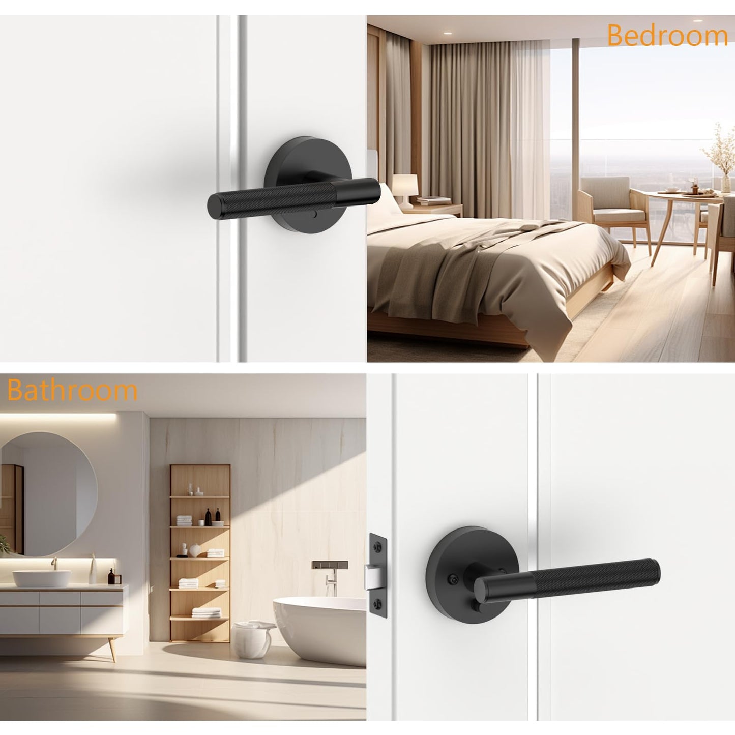 Amerdeco 3 Pack Matte Black Door Handles Interior, Knurled Privacy Door Handles, Heavy Duty Black Door Lever for Bedroom or Bathroom, Reversible Keyless for Left Right Handed Doors AM0016