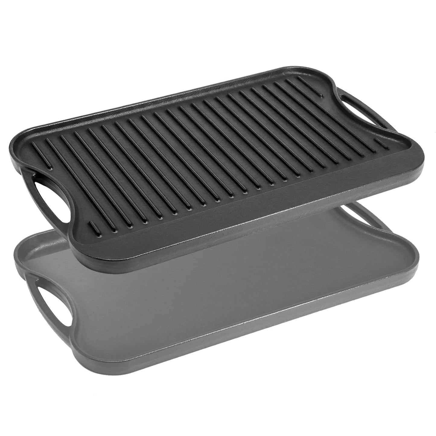 Hiorucet Cast Iron Reversible Griddle for Gas Stove,Charcoal/Gas Grill and Open Fire Oven, Double Burner Grill Pan Stove Top Pan with Handles, Non-Stick & Pre-Seasoned Pancake Griddle, 17" x 9.8"
