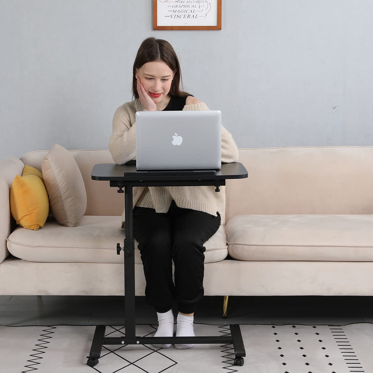 Furist Wheel Rolling Tray Height Adjustable Over Bedside Desk Tilting Sit-Stand Laptop Desk Cart Stand Tilt Table for Hospital&Home Use(Black)