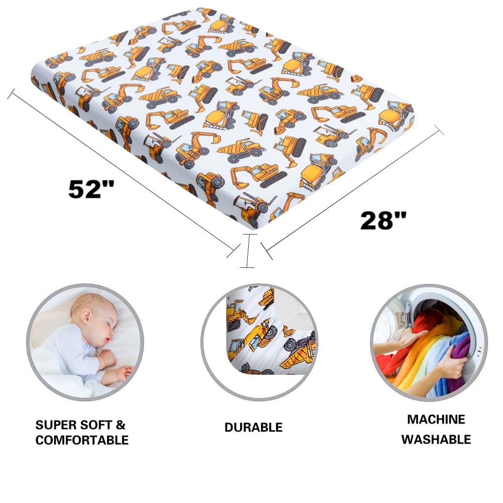 4 Pack Baby Boy Crib Sheets Set Soft Fitted Construction Truck or Dinosaur Theme Baby Boy Mattress Covers Breathable Toddler Sheets for Infant or Newborn Boys (Construction, Crib Sheets)