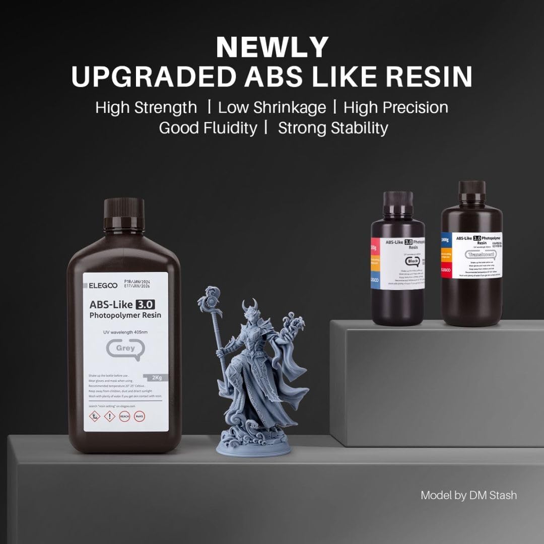 ELEGOO ABS-Like 3D Printer Resin 3.0, Toughness Upgrade 3D Printer Resin, 405nm UV-Curing Photopolymer Resin for MSLA DLP LCD 3D Printing with Strength, High Precision, Low Viscosity (3KG, Grey)