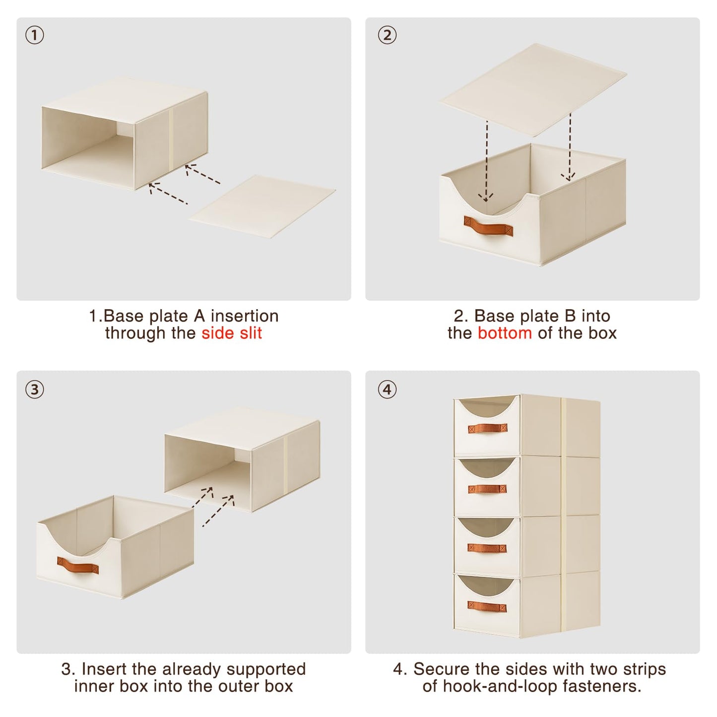 DIMJ Closet Storage and Drawers Organizers - 4 Pack Fabric Stackable Storage Drawer Unit Clothes Organization with Reinforced Handles for Wardrobe, Bedroom, Office,Shelves (Beige)