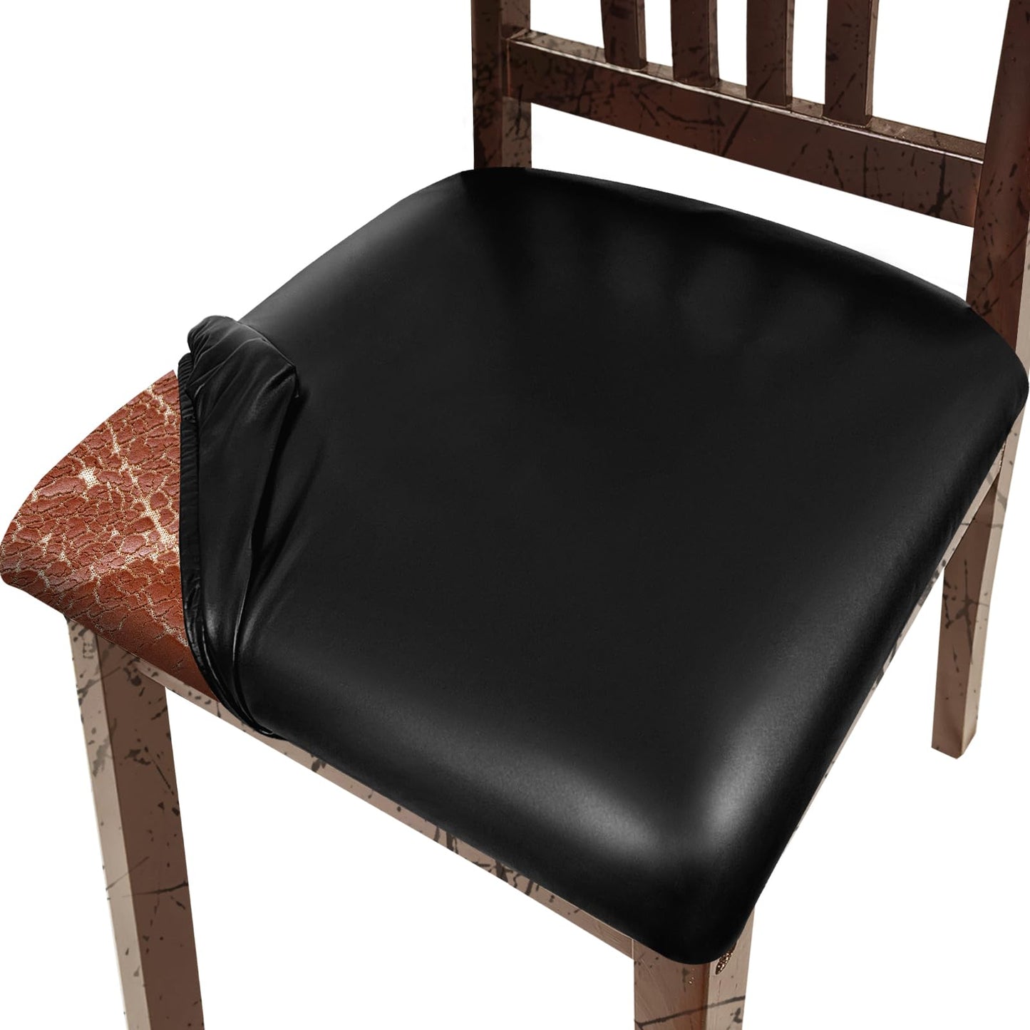 Lufyzora Pu Leather Dining Chair Seat Covers Set of 4, Waterproof Kitchen Chair Covers Stretch Chair Cover for Kitchen/Dining Room/Hotel, Tasteless seat Covers for Chairs (Black - 4 PCS)