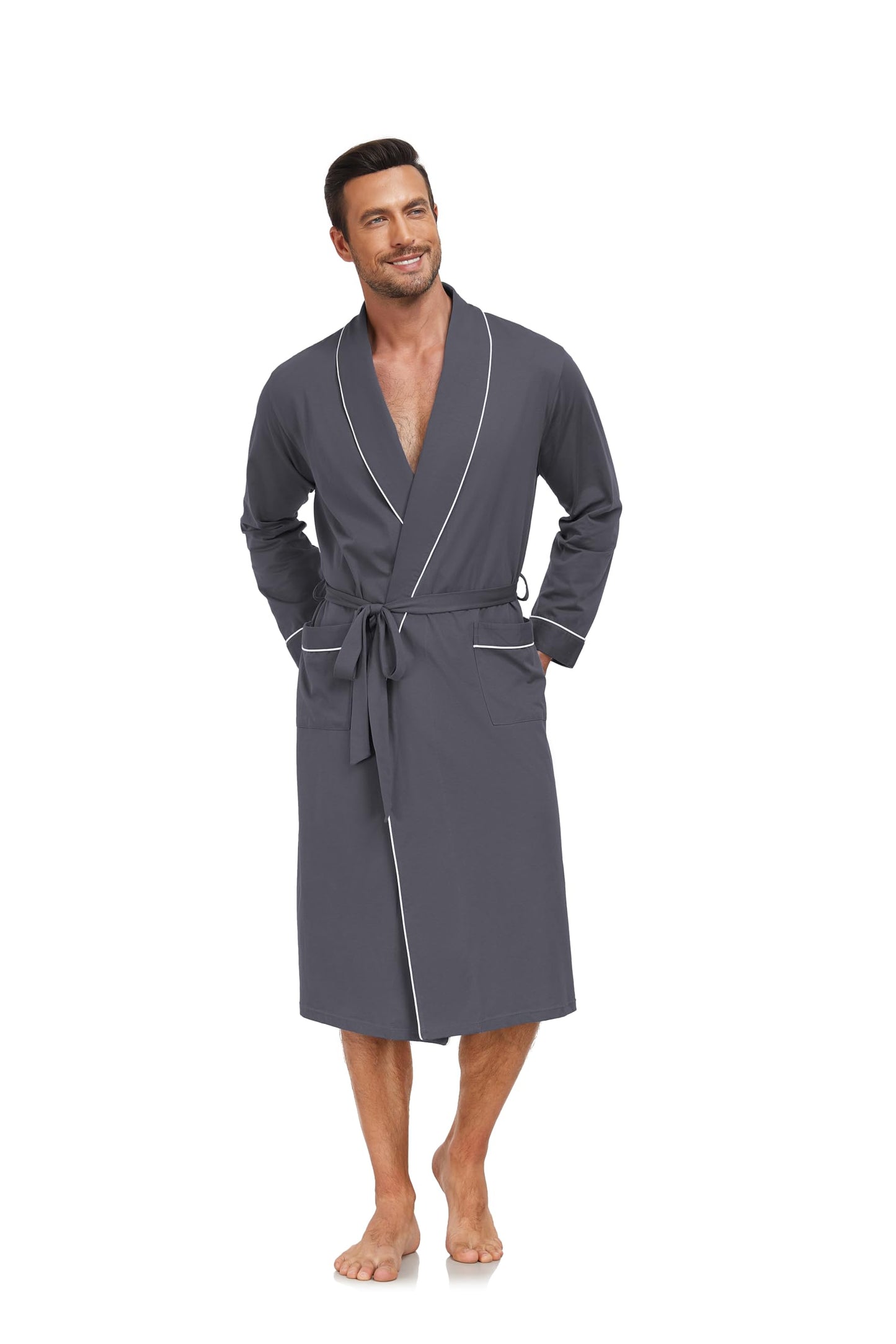 COLORFULLEAF Mens 100% Cotton Robes Lightweight Summer Long Bathrobe Sleepwear Soft Knit Spa Robe with Pockets, Iron Grey, XX-Large