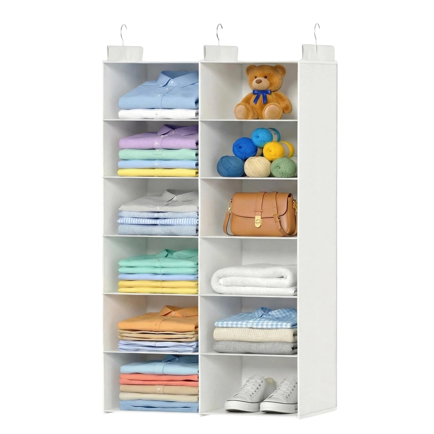 ALLTIDYUP Dual-Row Hanging Closet Organizer – Foldable Clothes Storage Shelves with 3 Hooks, Space-Saving Wardrobe Organizer for Dorm Rooms, Bedroom or Closet