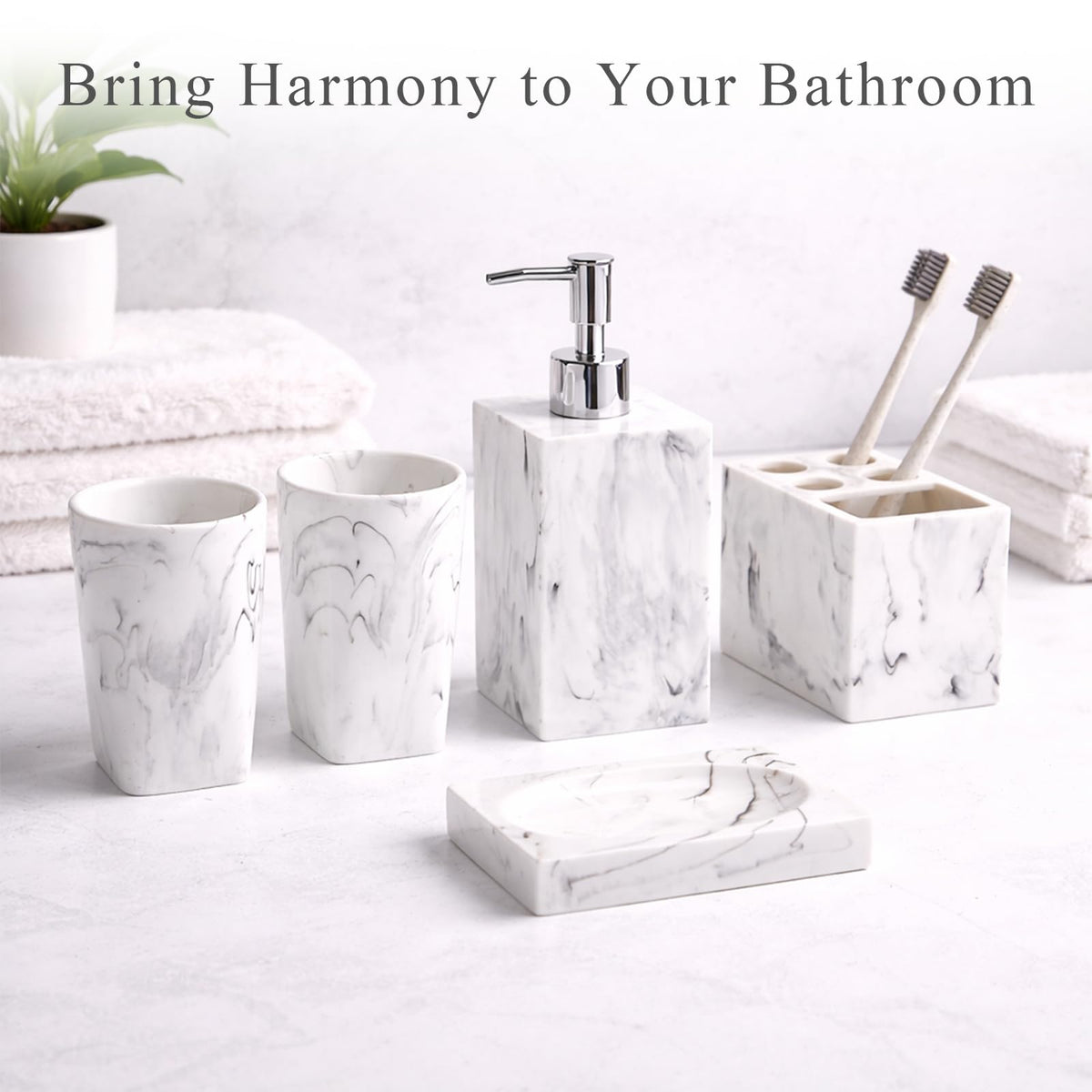 5 Piece Bathroom Accessories Set, Marble Resin Bathroom Vanity Set, Soap Dispenser, Toothbrush Holder, Soap Dish & 2 Tumblers, Bathroom Countertop Organizer Set (Ink White)