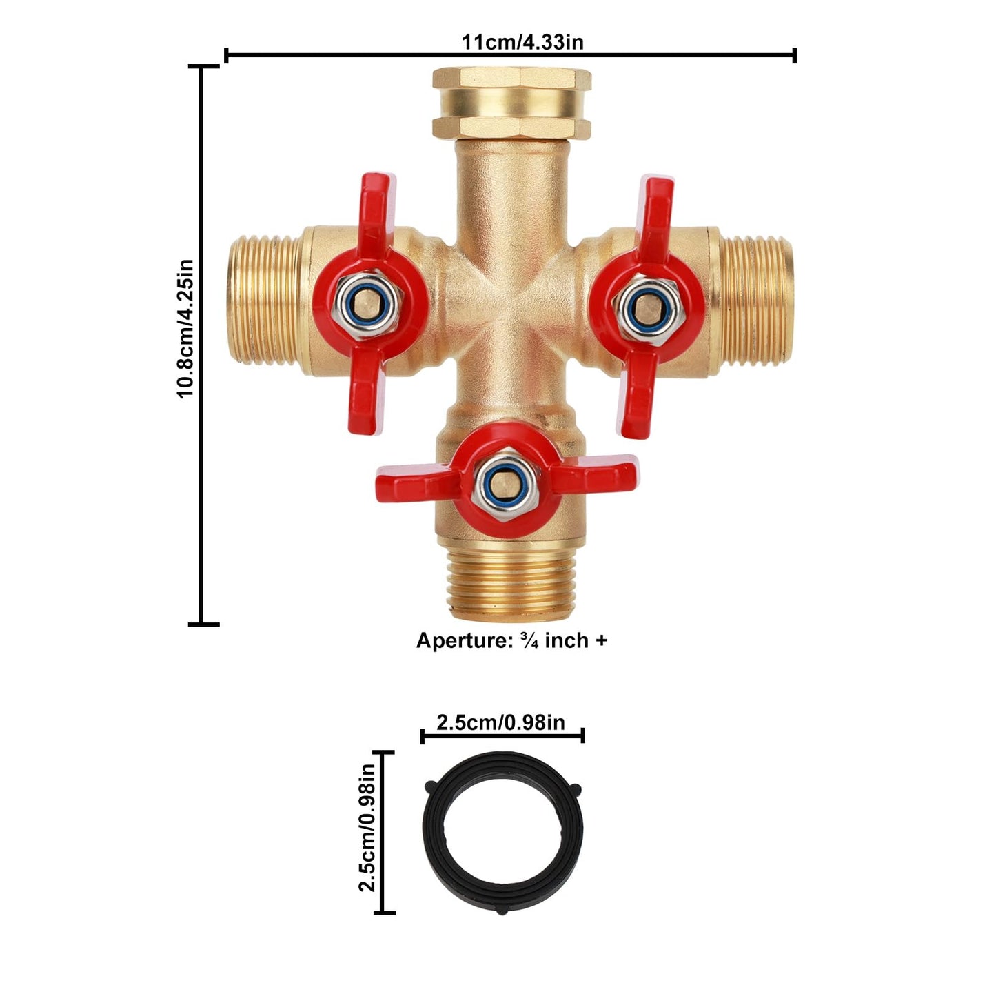 3 Way Brass Hose Splitter with 4 Sealing Gaskets, 3/4 Inch Heavy Duty High Flow Spigot Splitter with 3 Shut-Off Valves Leak-Proof Outdoor Faucet Connector for Yard Lawn Irrigation Systems