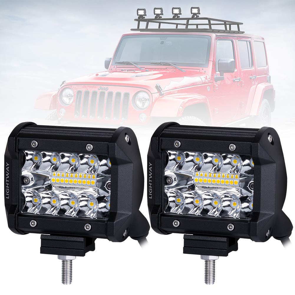 LITE-WAY 4 Inch LED Light Bar - 2Pcs Triple Row LED Work Lighting 7000LM Spot Flood Beam LED Off-Road Driving Lights Waterproof with Adjustable Mounting Bracket for Truck Car ATV Boat SUV
