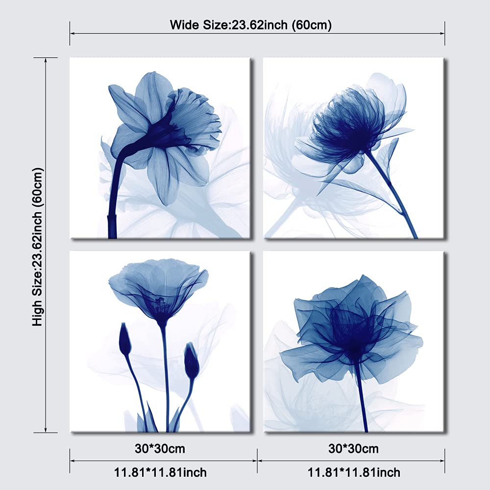 Pyradecor Blue Flickering Flower Modern Abstract Paintings Canvas Wall Art Gallery Wrapped Grace Floral Pictures on Canvas Prints 4 Panels Artwork for Living Room Bedroom Office Home Decorations