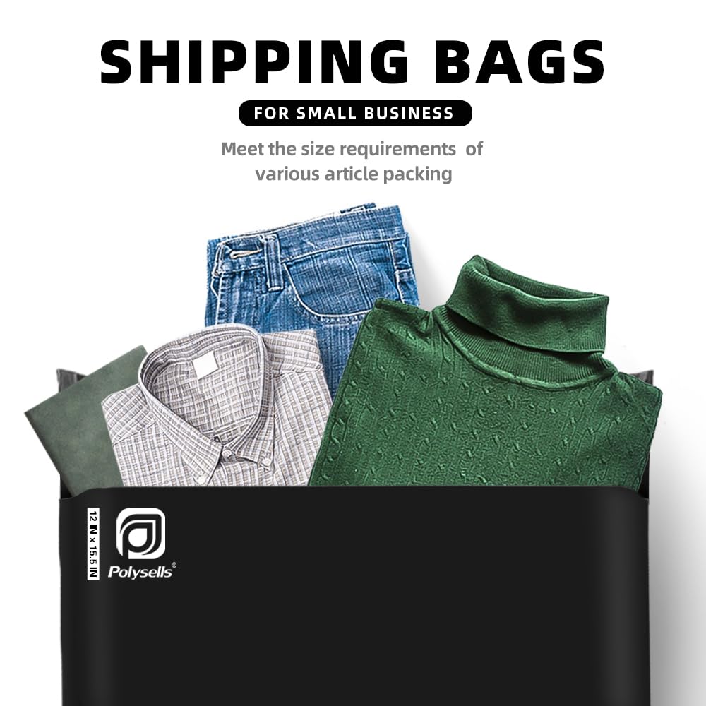 POLYSELLS Poly Mailers Shipping Envelopes, Strong Adhesive Sealing, Waterproof, and Tear-resistant Postal Mailing Bags for Clothing, Books, and Accessories (Black, 12x15.5 Inch, 500 pcs)