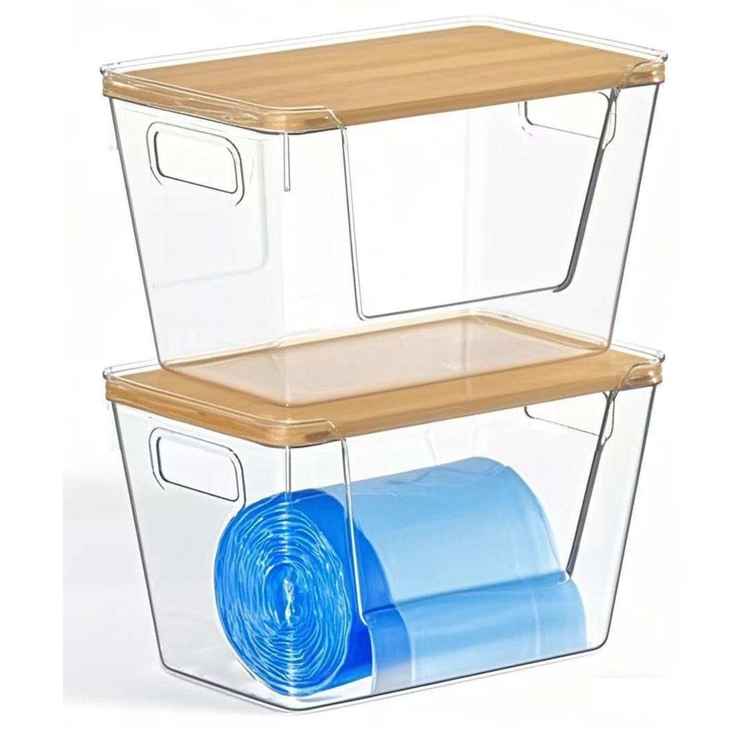 Toowood Trash Bag Holders with Bamboo Lids 2 Pack, Garbage Bag Dispenser with Lid, Open Front Stackable Storage Bins, Storage Container for Kitchen, Laundry Organization, Kitchen, Pantry,Under-Sink