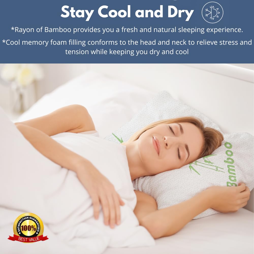 2 Pack Shredded Memory Bamboo Pillows for Sleeping - Ultra Soft, Cool and Breathable Zippered Cover - Relieves Neck Pain, Snoring, Helps Asthma Relief - Back/Stomach/Side