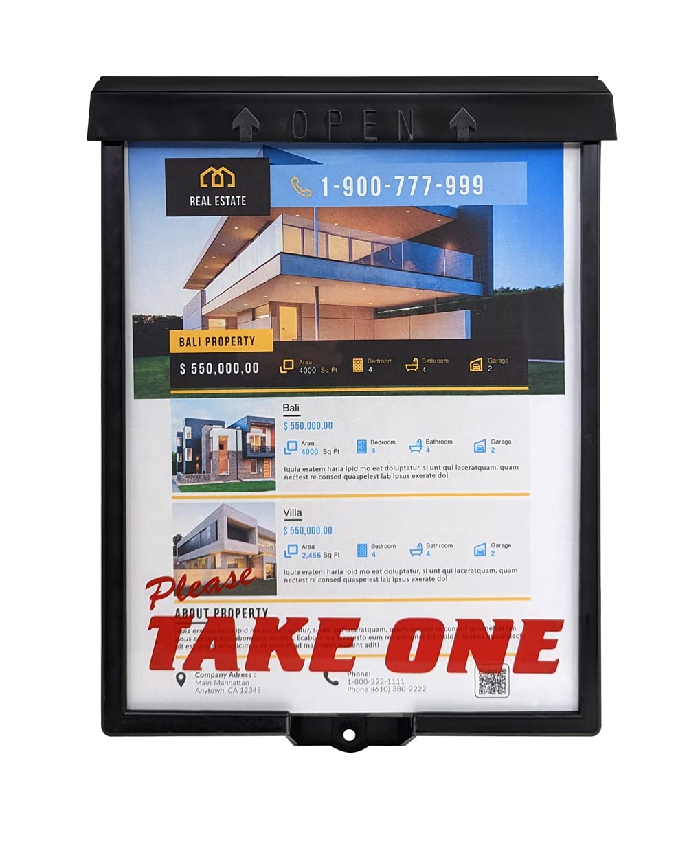 Outdoor Real Estate Brochure Box with Snap Close Lid, Take One Document Holder Can Hold 100, 8.5 x 11 Documents, Flyers, Literature and Other Outdoor Marketing Needs (Pack of 2, Black)
