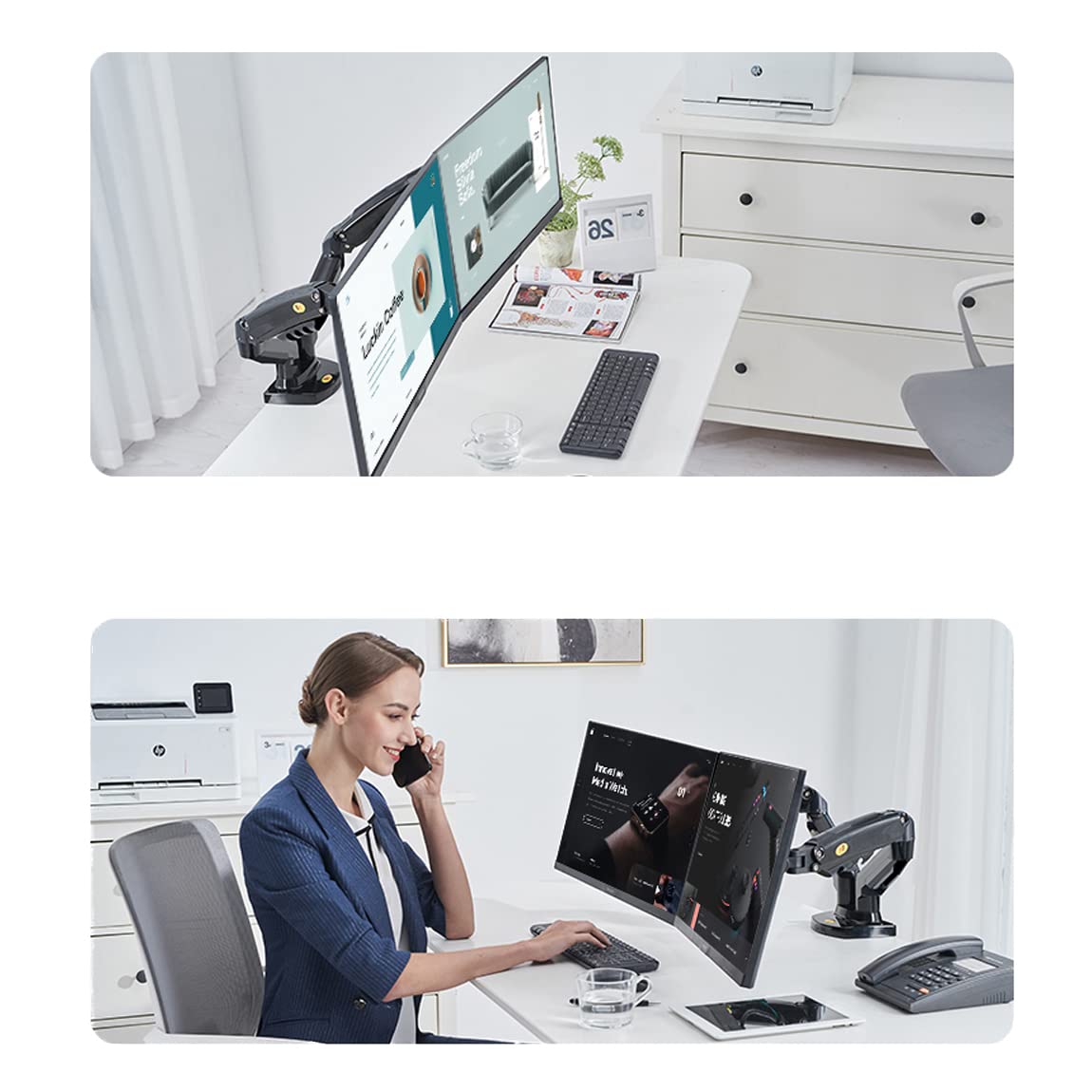 Dual Monitor Arm Height Adjustable Gas Spring Double Monitor Stand Desk Mount Fit Two 17 to 27" Flat or Curved Screens with 19.8lbs Load Capacity for Each Arm, with Clamp and Grommet Mounting Base