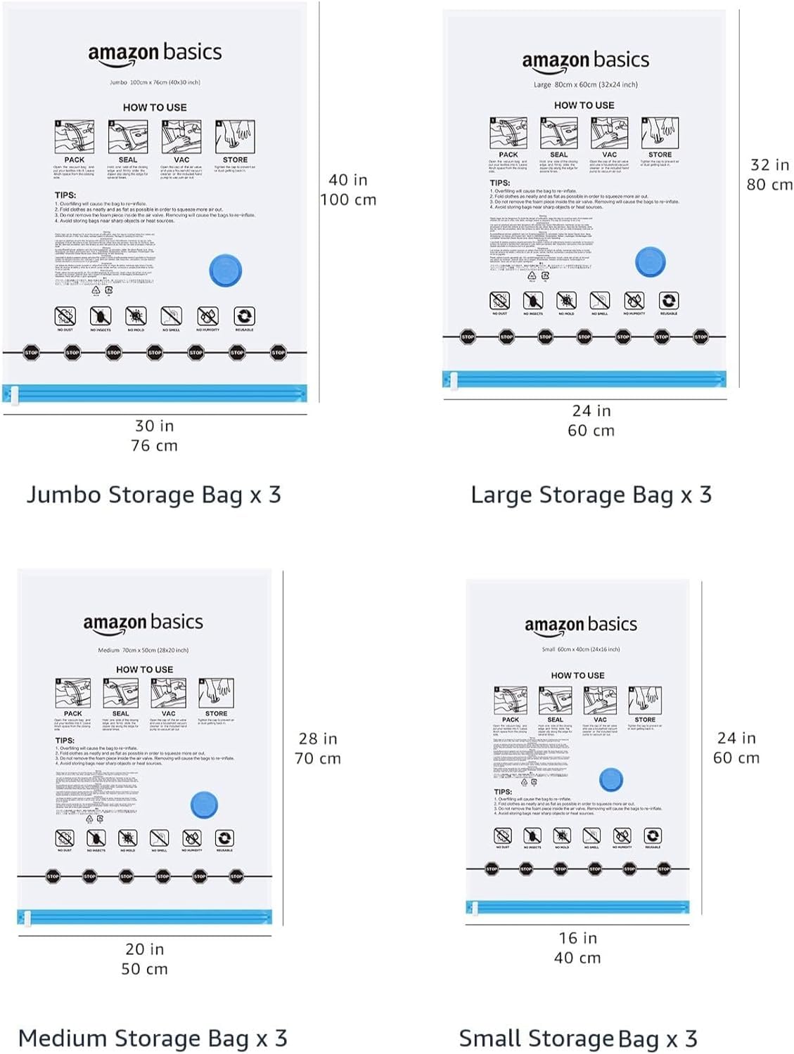 Amazon Basics Vacuum Compression Storage Bags with Hand Pump - 12-Pack (3 Jumbo, 3 Large, 3 Medium, 3 Small)
