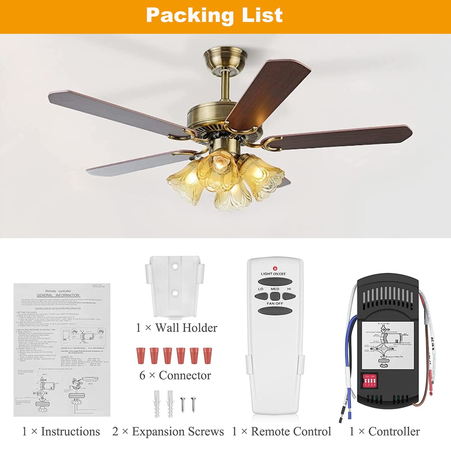 Universal Ceiling Fan Remote Control Kit with dimmer for AC 3-Speed Ceiling Fan Replacement for Hampton Bay Harbor Breeze Hunter UC7078T Fan-HD5 L3H2010FANHD RR7079T CHQ7078T FAN28R Fan-HD Kit