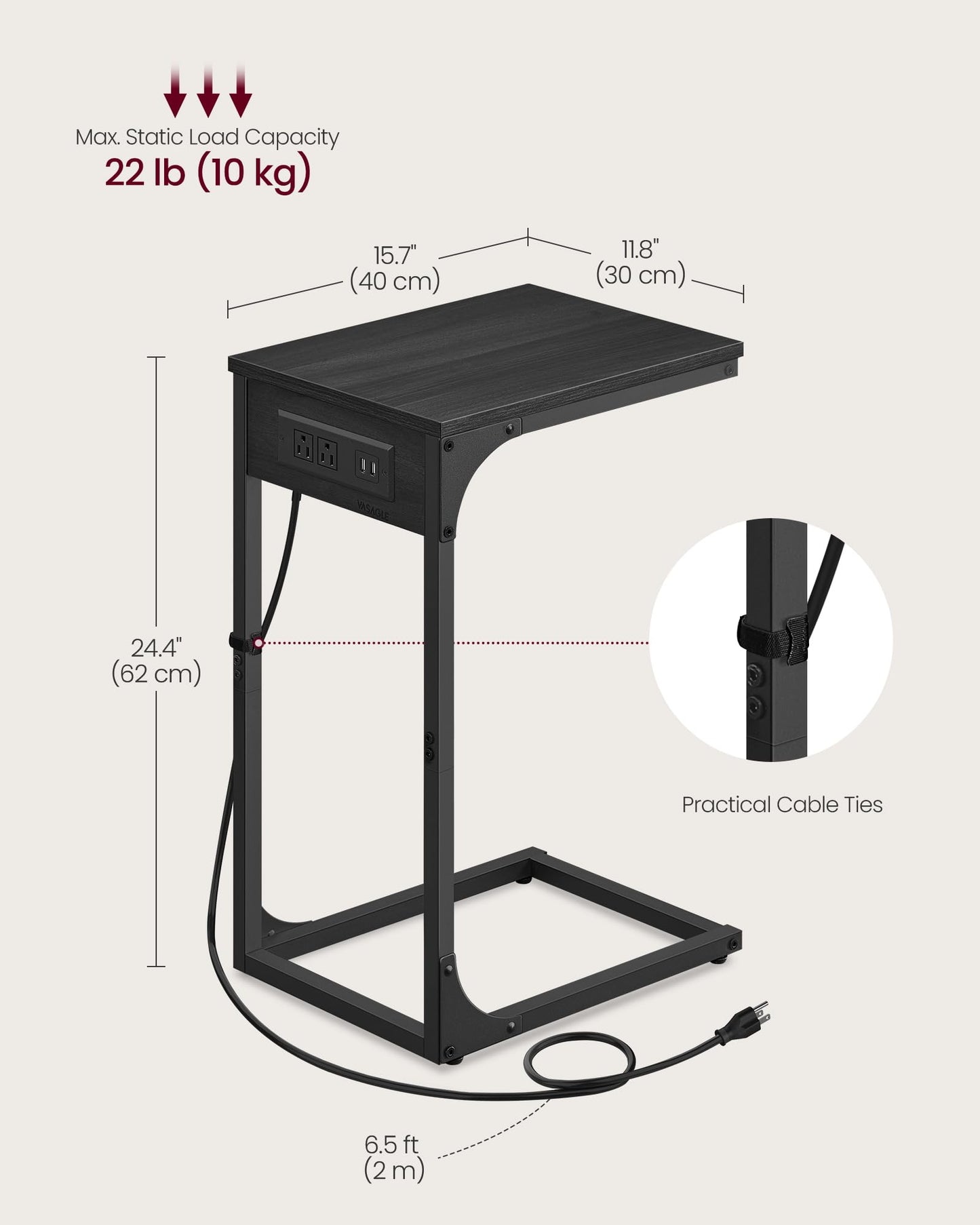 VASAGLE C-Shaped End Table for Couch, Sofa Side Table with Charging Station, Metal Frame, for Living Room, Bedroom, Gray Oak and Ink Black ULET362G01