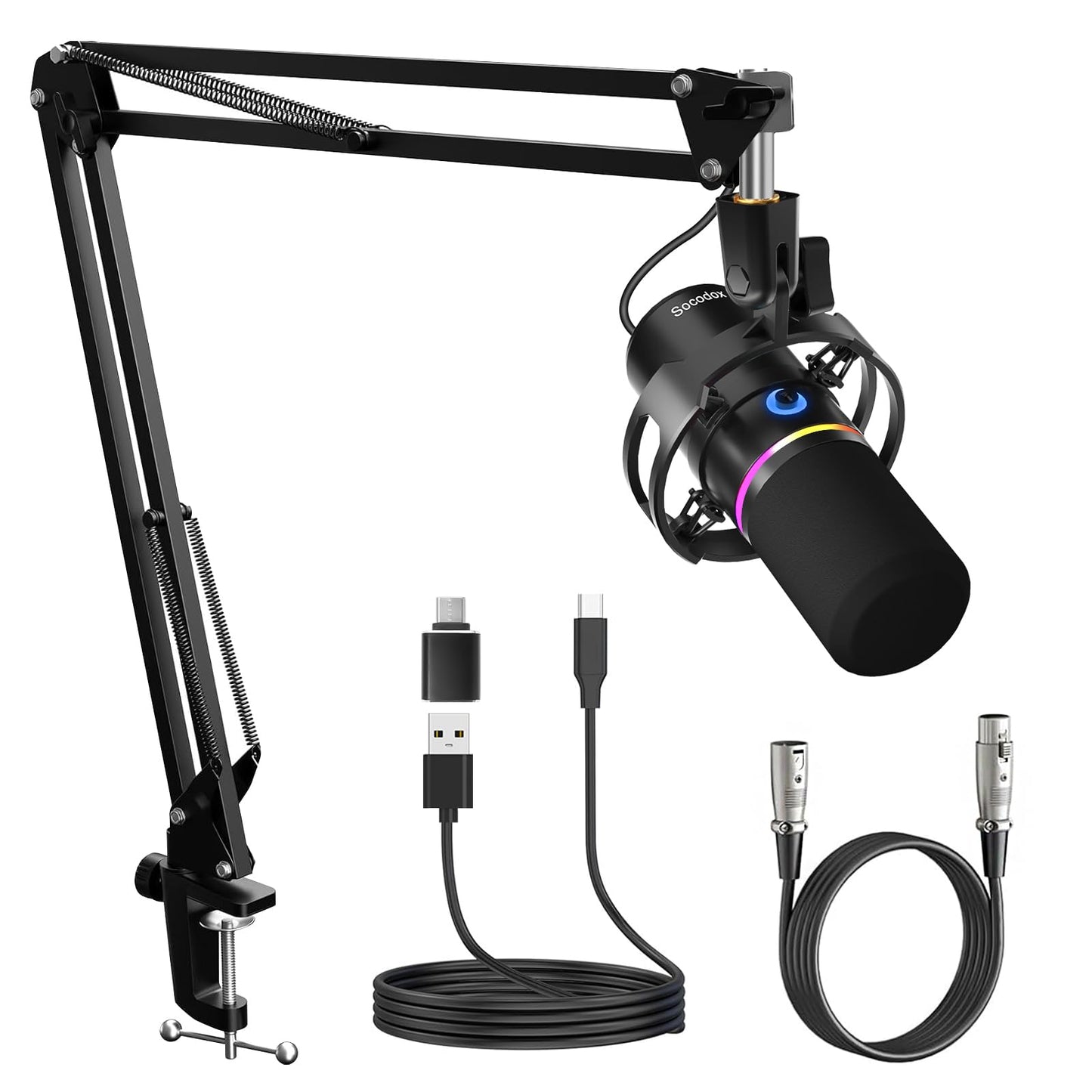 socodox XLR/USB Dynamic Microphone Kit,Podcast Microphone with Boom Arm for Streaming,Gaming Mic with Mute and Noise Cancelling Function,Volume Control,Headphone Jack