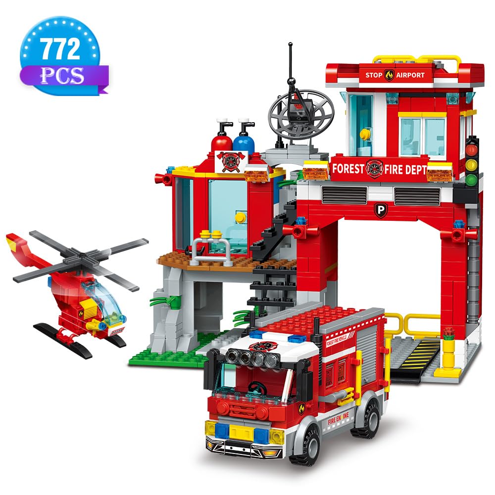 City Fire Rescue Building Set with Fire Station, Truck & Helicopter,737pcs Toy Gift for Boys 8+