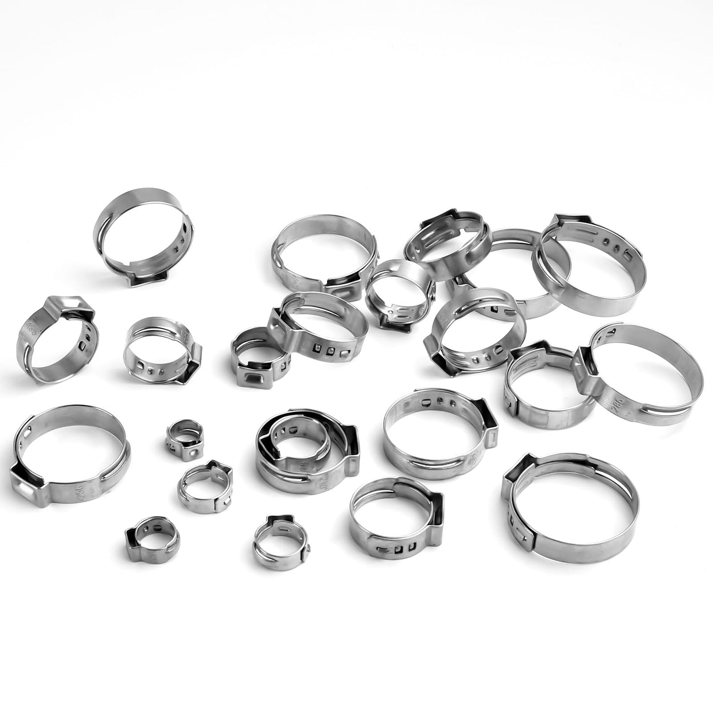 Supkiir 200 Pcs Single Ear Hose Clamps 5.8-28.6mm, 304 Stainless Steel Stepless Hose Clamp Clips, Pincer Cinch Rings Pex Crimp Rings Assortment Kit for Water Pipe, Plumbing, Automotive