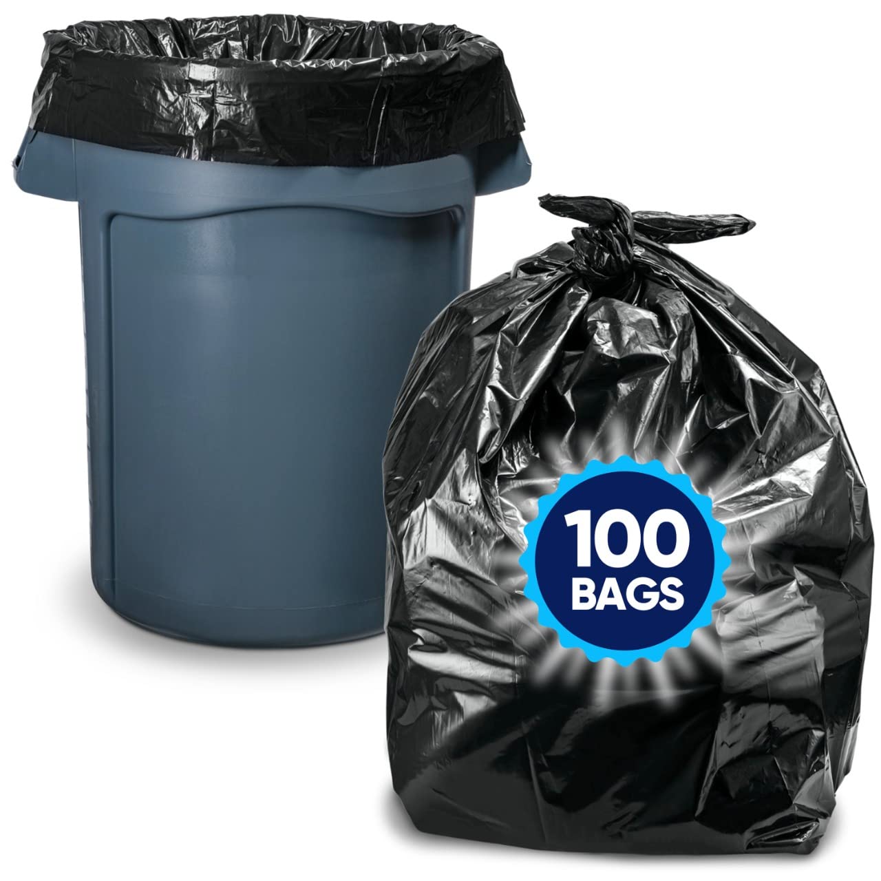 30-33 Gallon Trash Bags Heavy Duty (100 Bags w/Ties Value Pack), Large Black Trash Bags 30 Gallon - 32 Gallon