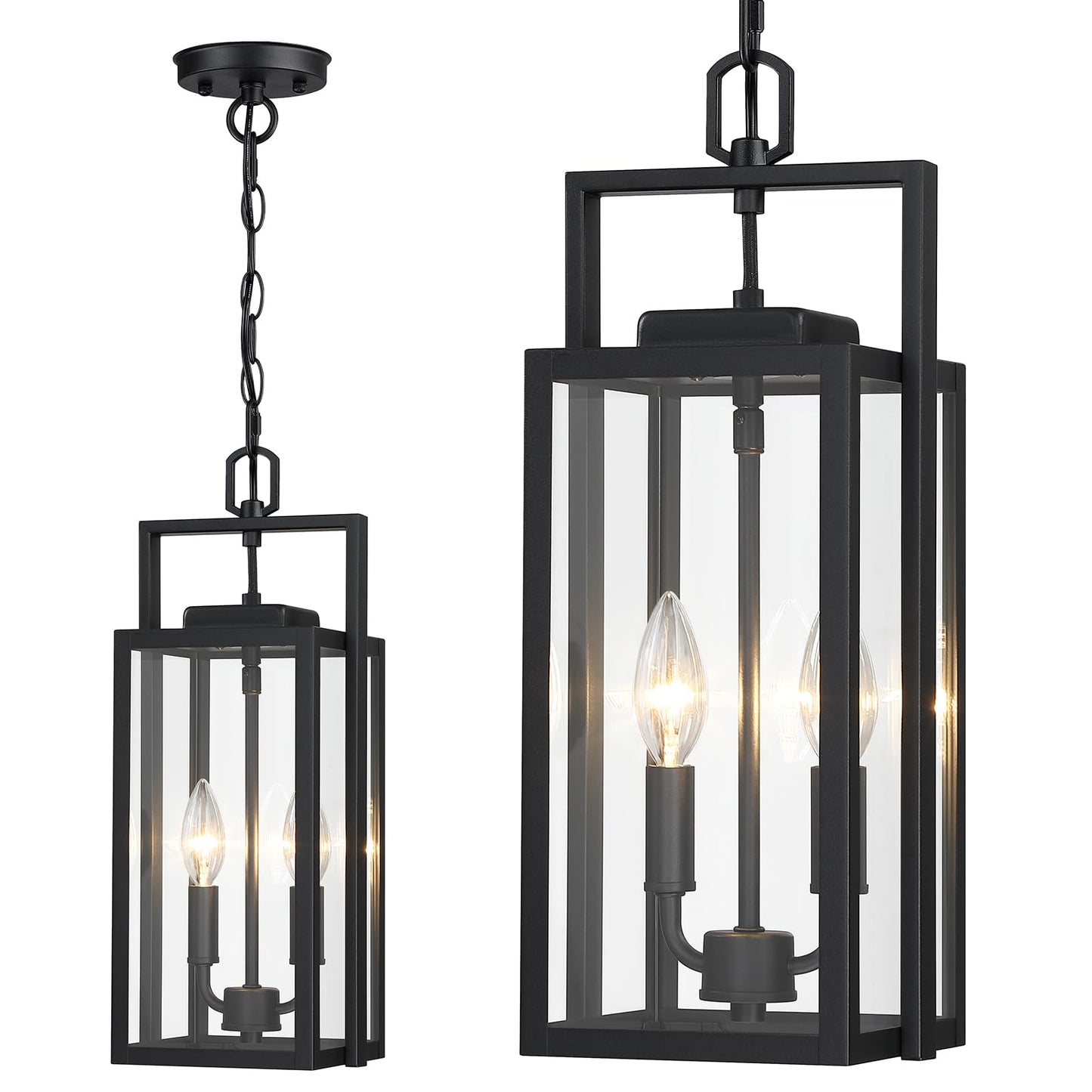 Large Outdoor Pendant Light 2-Light, 17.75'' Modern Black Metal Outside Chandelier Exterior Hanging Fixture Ceiling Mount with Clear Glass for Front Porch Entrance Entryway, 1 Pack