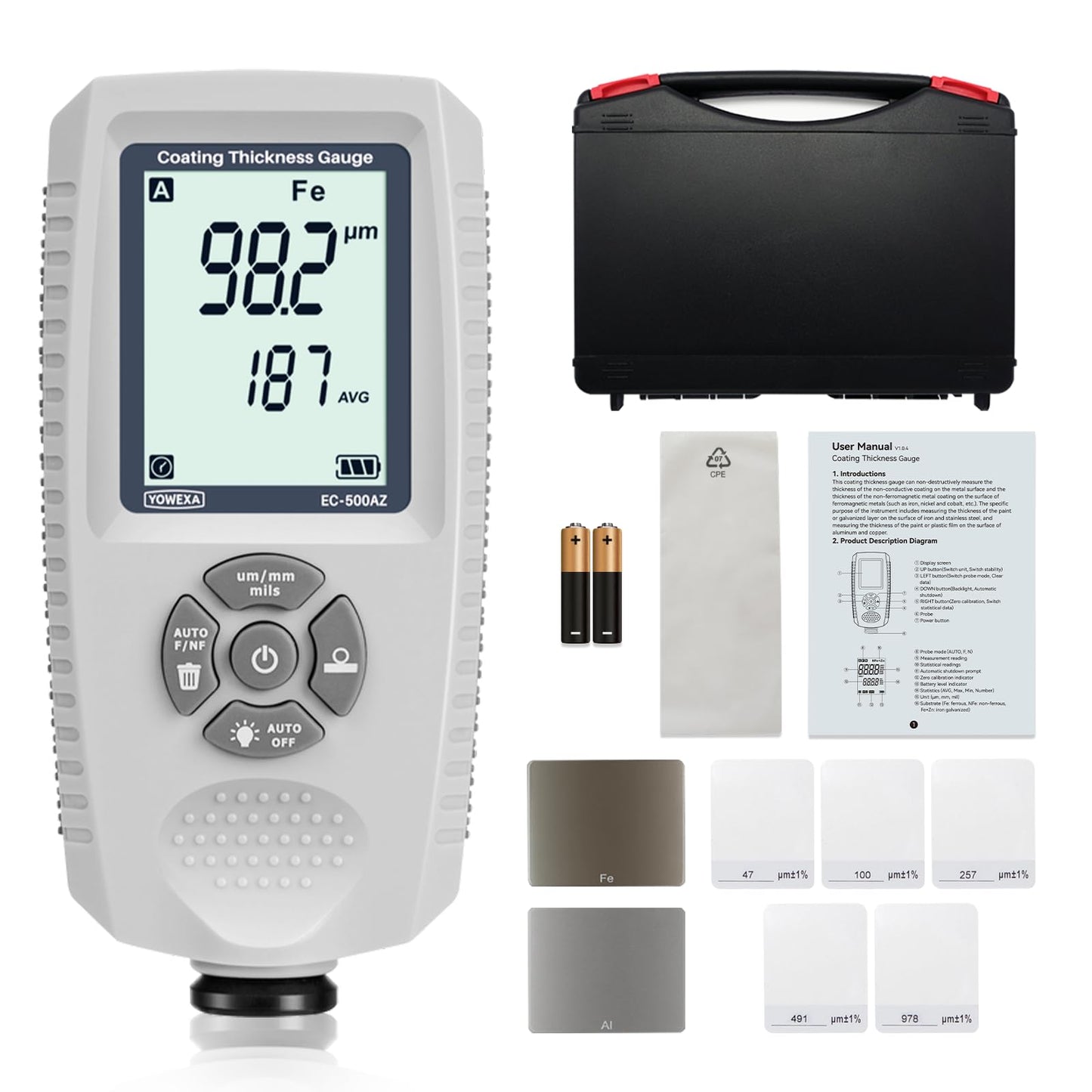 YOWEXA EC-500AZ Paint Thickness Gauge for Cars, Digital Paint Meter, Mil Coating Thickness Tester with Auto Fe/NFe/Zn Detection, AVG/MAX/MIN Statistics for Used Car Buyers and Detailers
