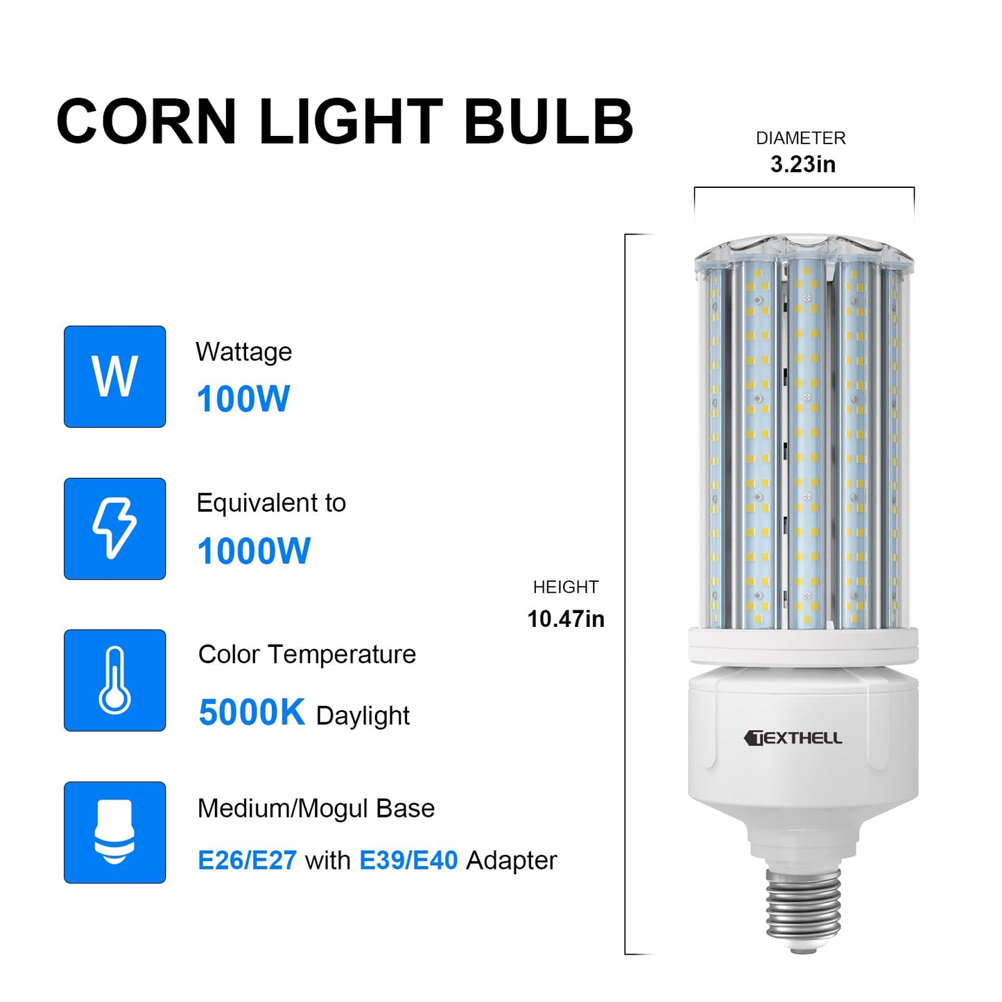100W Led Corn Light Bulb 15000lm Bright 5000K Daylight White E26/E39 Base 1000W Equivalent LED Metal Halide HID CFL for Commercial Industrial Lighting Warehouse High Bay Light Garage Workshop(2-Pack)