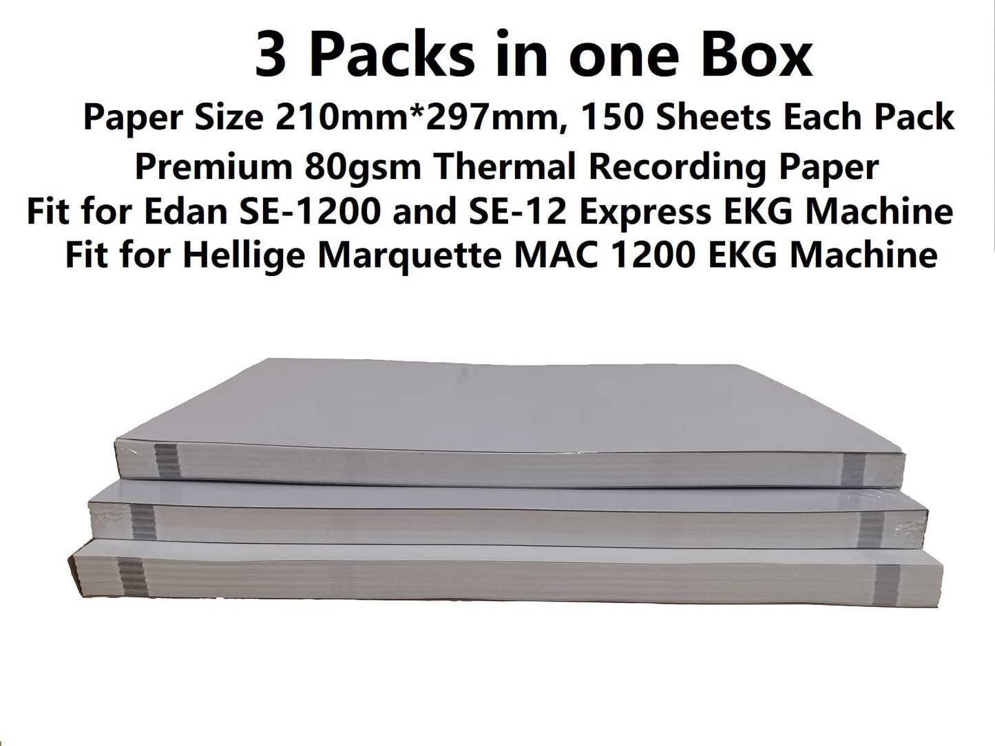 3 Packs Thermal ECG Paper for E.dan SE-1200 Express, SE-12 Express and for Marquette MAC1200, Each Pack is 210mmx297mmx150 sheets EKG Paper, 80gsm Recording Paper